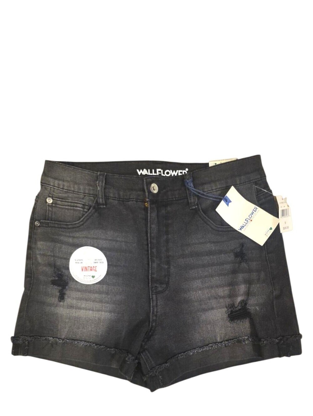 NWT WallFlower Fearless Curvy Super High Rise Black Distressed Denim Shorts 9/29